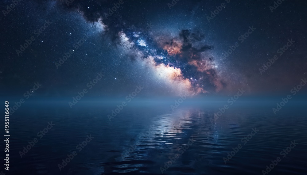Fototapeta premium Night sky with milky way galaxy and stars reflects on calm dark ocean water surface. Serene natural landscape scene. Vastness of universe above tranquil sea.