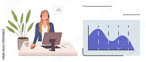 Customer service, communication, business analysis, remote work, workplace productivity, data visualization. Woman with headset at a desk with a computer next to a data chart. Customer service