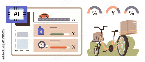 Delivery logistics, AI technology, sustainability, eco-friendly transport, smart analysis, packaging trends. Data dashboard with delivery items, tricycle with a package. Delivery logistics and AI