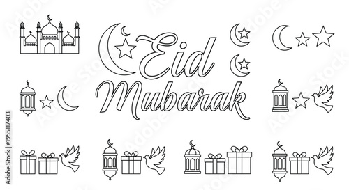 Eid mubarak celebration line art illustration with crescent moons stars and buildings