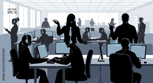 Call Center Office Silhouette Vector Illustration