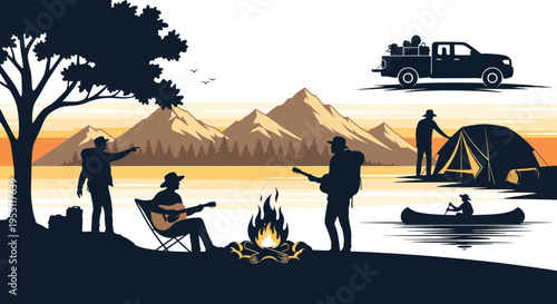 Camping Adventure Silhouette Illustration with Campfire and Mountains