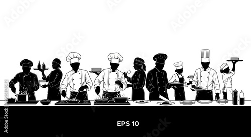 Professional Chef Team Cooking in Restaurant Kitchen Silhouette
