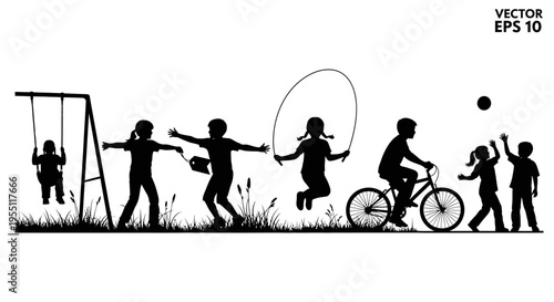 Children Playing Outdoors Silhouette Vector Illustration