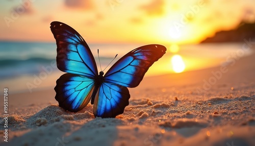 Blue butterfly sits on sand near ocean at sunset. Golden hour light reflects on insect wings. Gentle waves lap the beach, sky glows orange and pink. Peaceful nature scene.