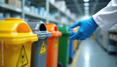 Scientist in blue gloves reaches toward biohazard waste bins in lab storage. Safe disposal containers for medical research materials lined up neatly in sterile facility. Proper handling of hazardous