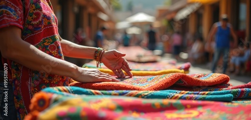 Vendor arranges colorful textiles at outdoor market. Handcrafted fabrics displayed on table. People walk past stalls, shop for souvenirs in sunny day.