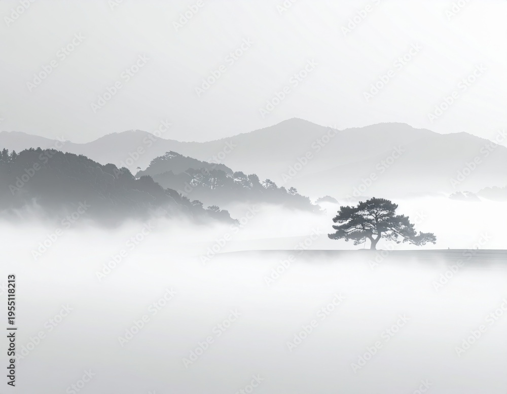 Fototapeta premium Misty Mountains Landscape with Lone Tree and Serene Foggy Atmosphere