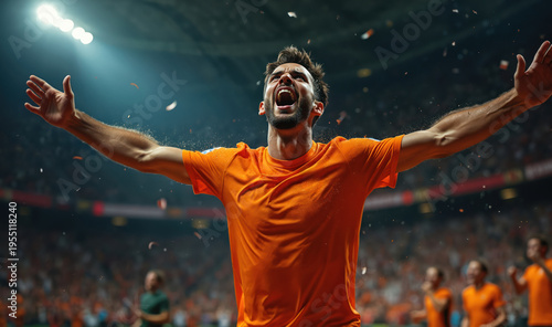 Man celebrates victory arms outstretched in stadium. Excited crowd cheers wearing orange shirts, confetti falls. Sports player feels euphoric after winning game.