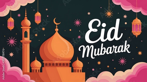 Festive Eid Mubarak greeting card with mosque and lanterns in a starry night sky