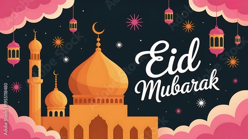 Beautiful Eid Mubarak greeting card with a mosque lanterns and decorative elements against a night sky