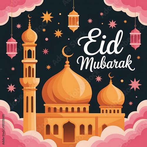 Beautiful illustration of a golden mosque with minaret and domes celebrating Eid Mubarak surrounded by clouds and stars