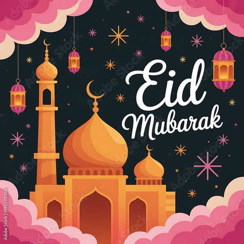 Islamic celebration Eid Mubarak greeting with mosque lanterns and crescent moon decorations