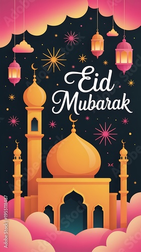 Festive Eid Mubarak illustration with mosque lanterns and starry night sky greeting