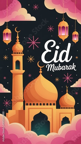 Stylized mosque and lanterns with Eid Mubarak text against a starry night sky and pink clouds
