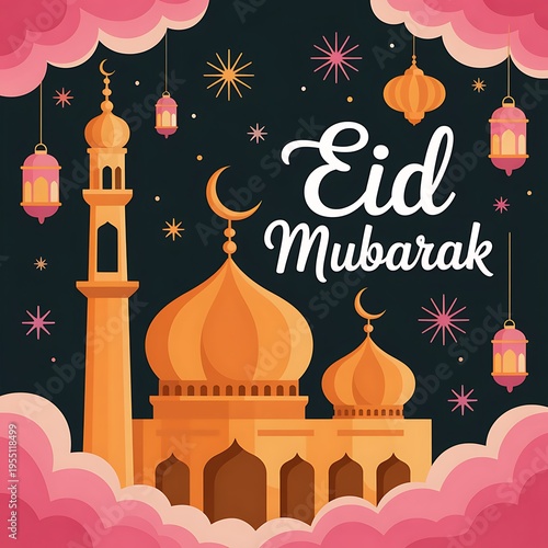 Traditional Islamic mosque illuminated by lanterns during a festive Eid Mubarak celebration with fluffy clouds and starbursts