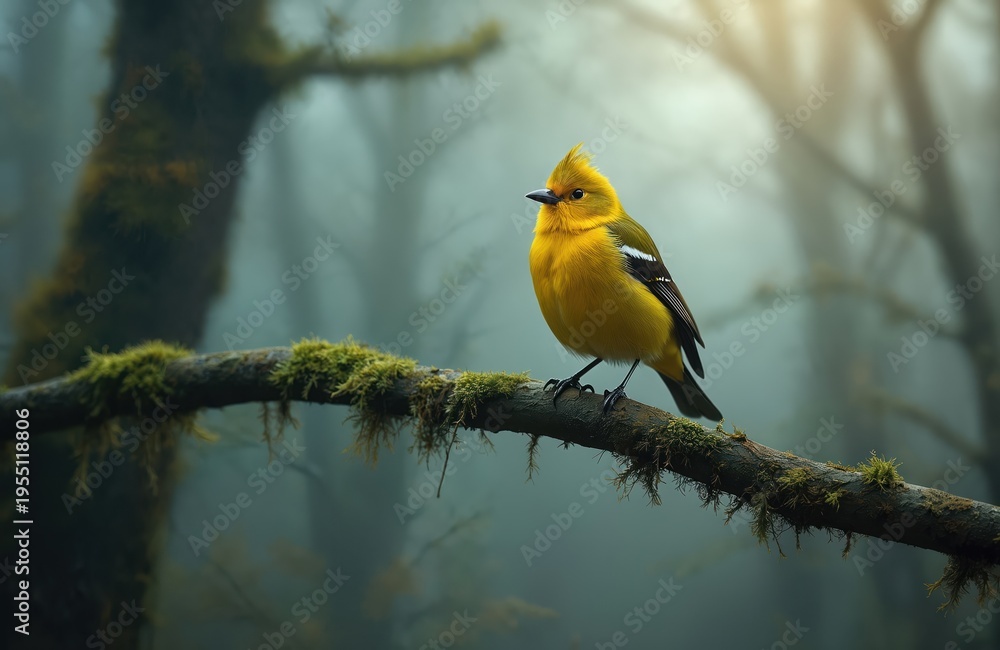 Fototapeta premium Small bright yellow bird sits on mossy tree branch in foggy forest. Bird looks to side with crested head. Morning light filters through mist and trees. Wildlife scene.