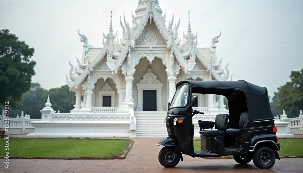 Fototapeta premium Black auto-rickshaw parked before elaborate white temple. This urban transport vehicle is common in Asian cities. It offers a local travel experience near religious site.