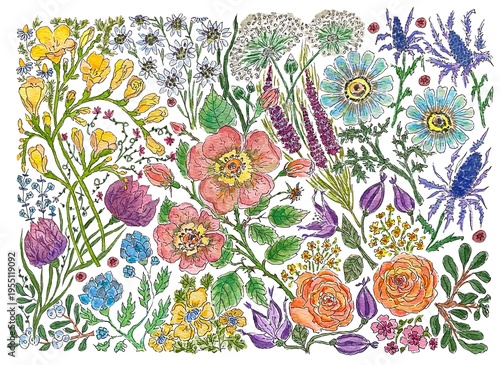 Set of flowers with leaves and stems, detailed watercolor illustration