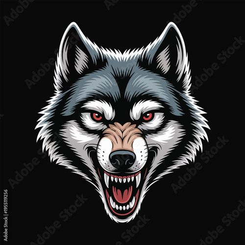 Wolf head vector illustration with black and white fur isolated portrait