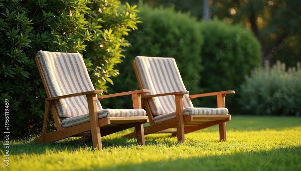 Naklejka premium Two empty wooden chairs with striped cushions rest on green grass. Sunlight filters through nearby bushes, trees, creating peaceful garden scene. Tranquil outdoor setting invites relaxation, quiet
