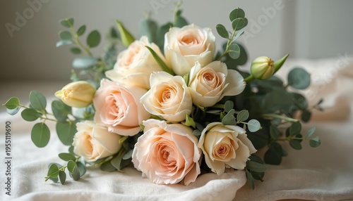 Soft pastel roses and tulips with eucalyptus fill frame. Delicate floral arrangement rests on neutral fabric. Gentle light enhances bloom beauty. Fresh bouquet is elegant.