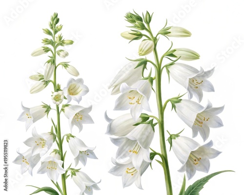 Penstemon Digitalis – White penstemon digitalis tubular bell-shaped blossoms on tall stem, isolated on white background