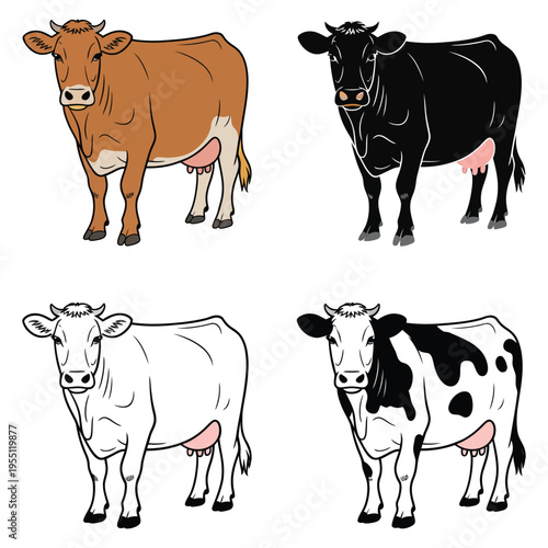 Cow and Calf Cute Farm Vector Illustration Set