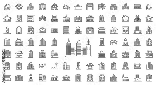 Real estate and urban architecture icon set featuring office buildings skyscrapers corporate headquarters shop store bank factory and industrial city infrastructure in thin line style
