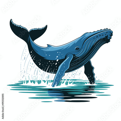 Cartoon dolphin jumping out of the ocean water surrounded by sea animals in a simple vector illustration