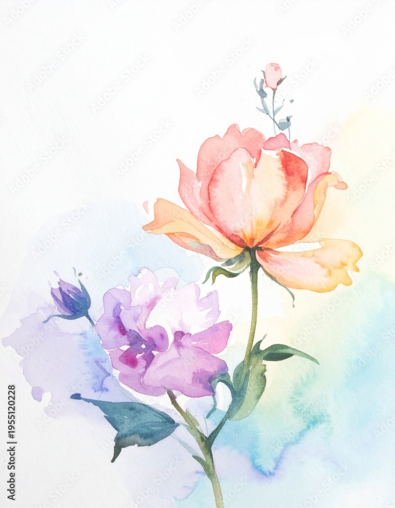 Obraz premium Delicate Watercolor Roses Soft Peach and Lavender Hues Gentle Bloom Botanical Art
