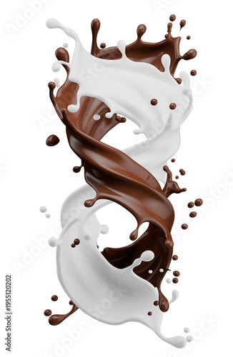 Chocolate and milk splashes isolated on white background. 3d illustration