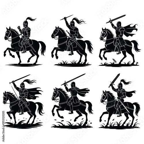 Knight riding horse silhouette vector illustration black art equestrian gallop
