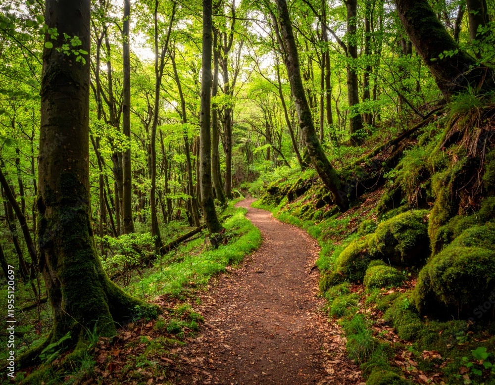 Fototapeta premium Sunlit Forest Path Winding Through Lush Green Trees Mossy Rocks Lush Foliage