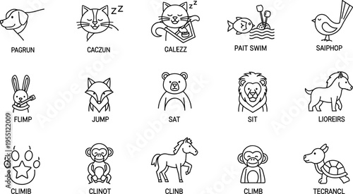 Collection of cute animal icons in a simple line art style for various uses