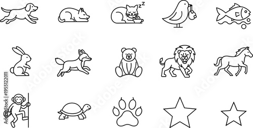 Collection of simple line art icons featuring various animals and stars