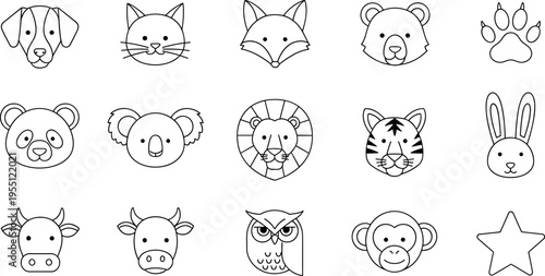 Collection of cute, simple line art animal faces and a paw print