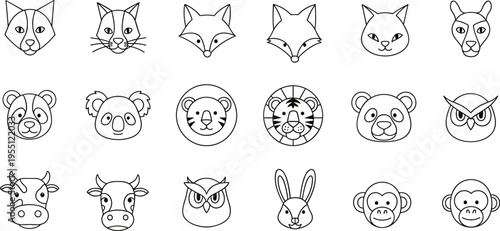 Collection of cute, minimalist animal face icons in a simple outline style