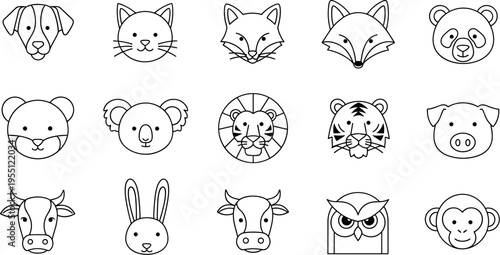Collection of stylized animal faces in a simple outline design, perfect for icons