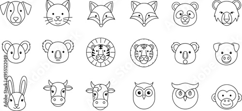 Collection of cute cartoon animal faces in a simple outline style for design