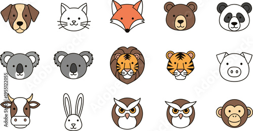 Collection of cute cartoon animal faces including dog, cat, fox, bear, panda, koala, lion, tiger, pig, cow, rabbit, owl, and monkey