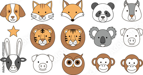 Collection of cute cartoon animal faces including dog, cat, fox, panda, and lion