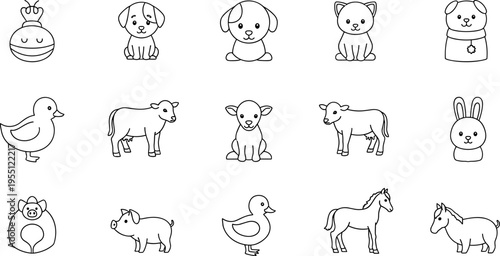 Collection of cute, simple line art farm and domestic animals for children