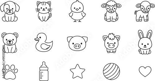 Collection of cute, simple line art baby animals and icons for children's designs