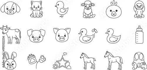 Collection of cute cartoon farm and baby animals with simple line art style
