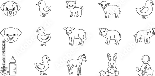 Collection of cute cartoon farm and domestic animal line art icons for children