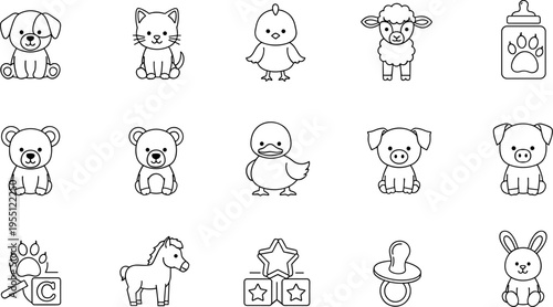 Collection of cute cartoon baby animal icons and nursery items in outline style