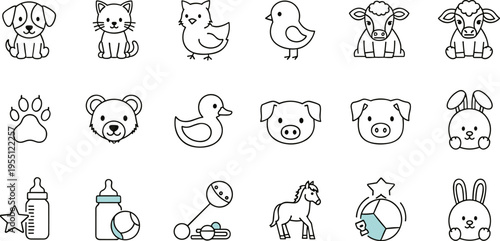 Collection of cute cartoon animal and baby icons in a simple line art style