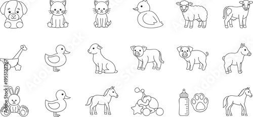 Collection of cute cartoon farm and domestic animals and baby items in outline style