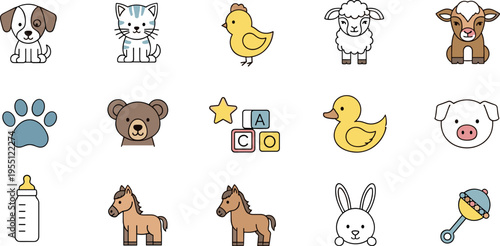 Collection of cute cartoon farm and baby animal icons with toys and baby bottle